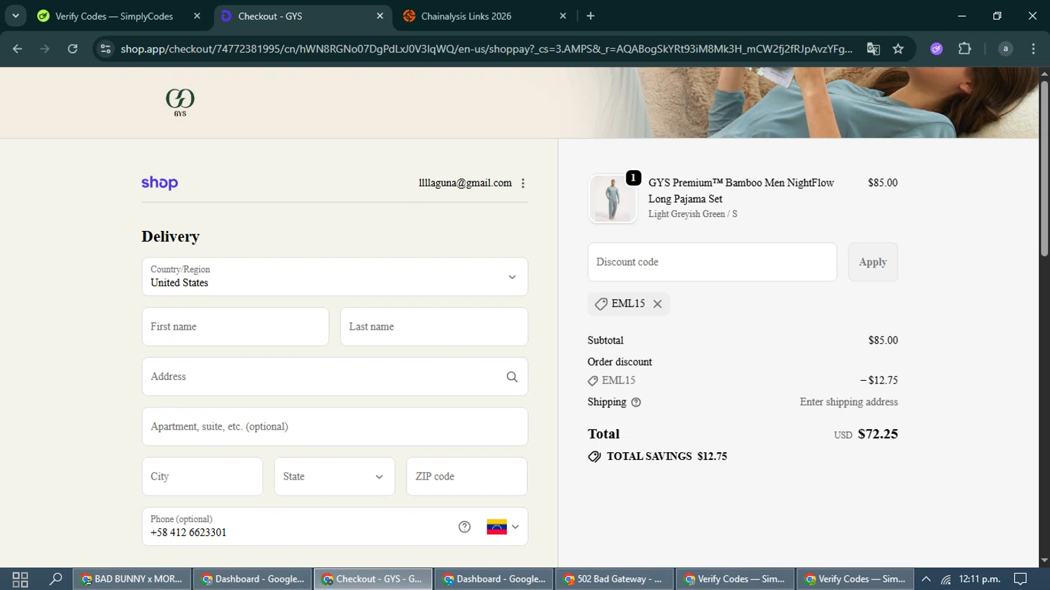 GYS promo code screenshot showing code EML15 applied at GYS checkout page. Uploaded by SimplyCodes community member ValueWhiz9480 on Feb 5, 2026