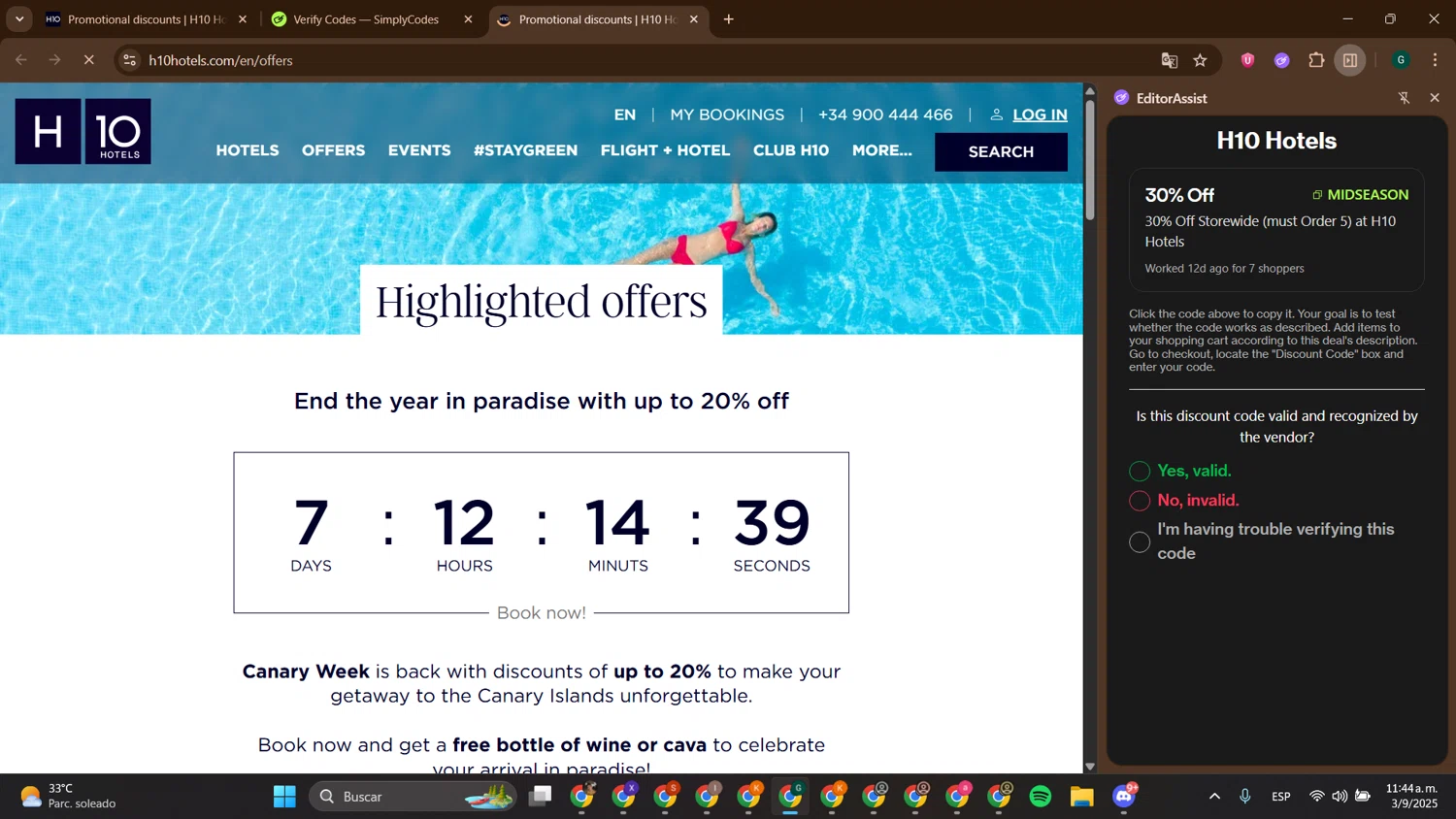 H10 Hotels coupon code screenshot showing code MIDSEASON applied at H10 Hotels checkout page. Uploaded by SimplyCodes community member ThriftyTitan786 on Sep 3, 2025