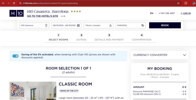 H10 Hotels checkout page showing H10 Hotels coupon code box | Screenshot taken by SimplyCodes community member on Aug 16, 2025