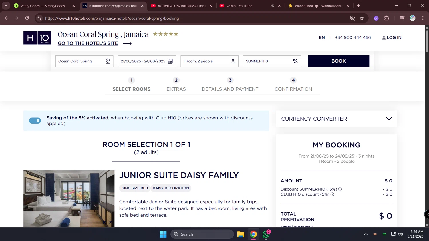H10 Hotels coupon code screenshot showing code SUMMERH10 applied at H10 Hotels checkout page. Uploaded by SimplyCodes community member lunita on Aug 21, 2025