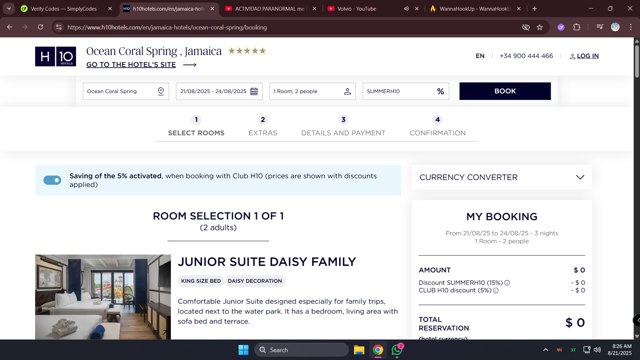 H10 Hotels checkout page showing H10 Hotels coupon code box | Screenshot taken by SimplyCodes community member on Aug 21, 2025