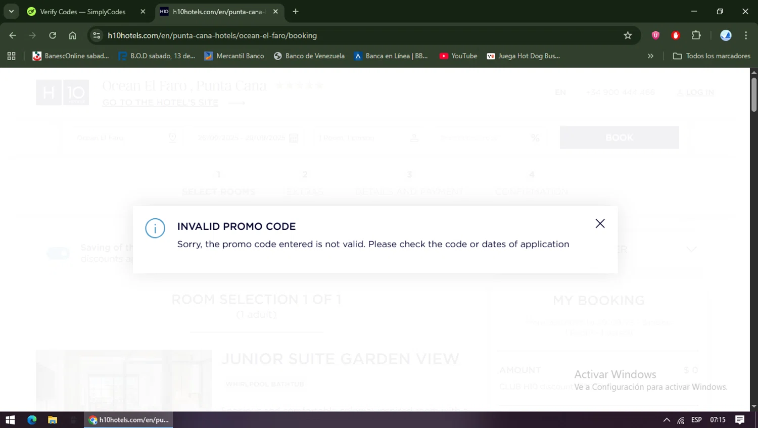 H10 Hotels coupon code screenshot showing code SUMMERH10 applied at H10 Hotels checkout page. Uploaded by SimplyCodes community member mrthelog on Sep 26, 2025