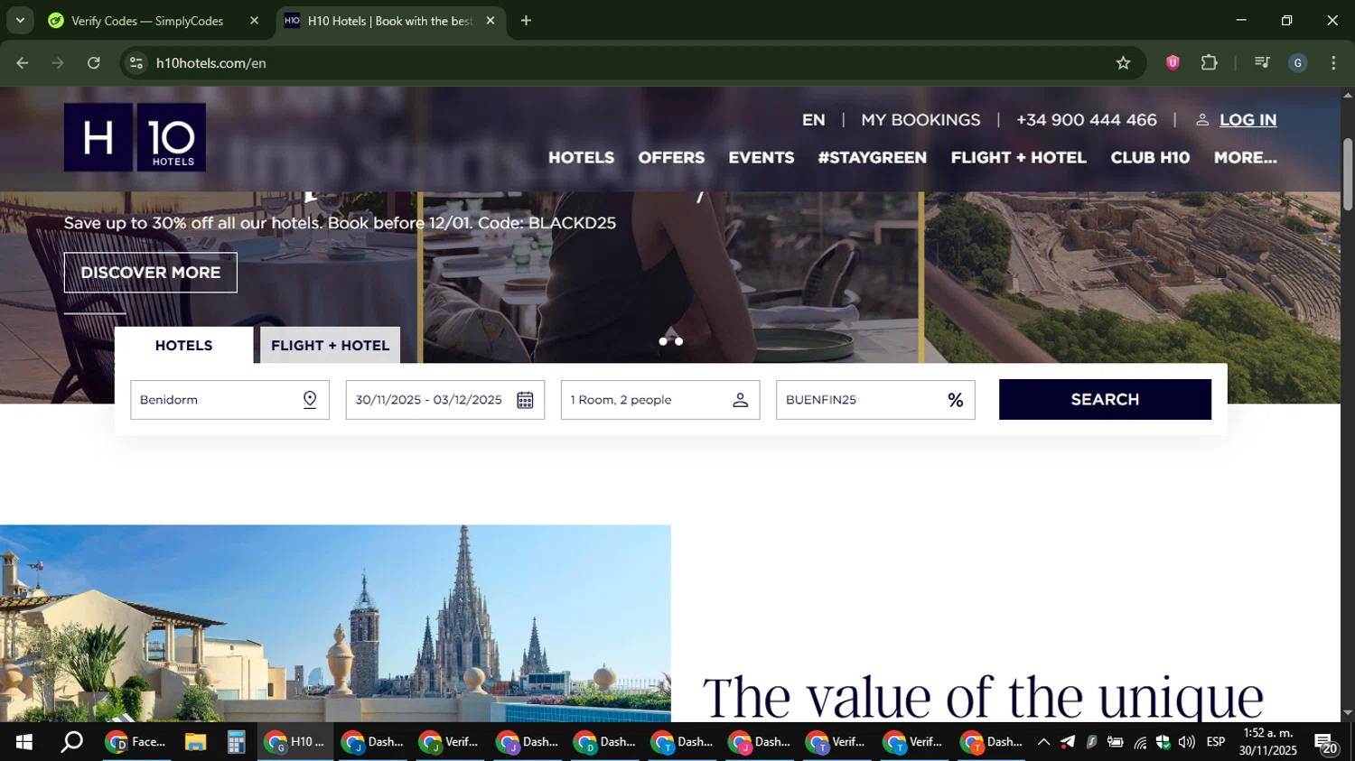 H10 Hotels checkout page showing H10 Hotels coupon code box | Screenshot taken by SimplyCodes community member on Nov 30, 2025