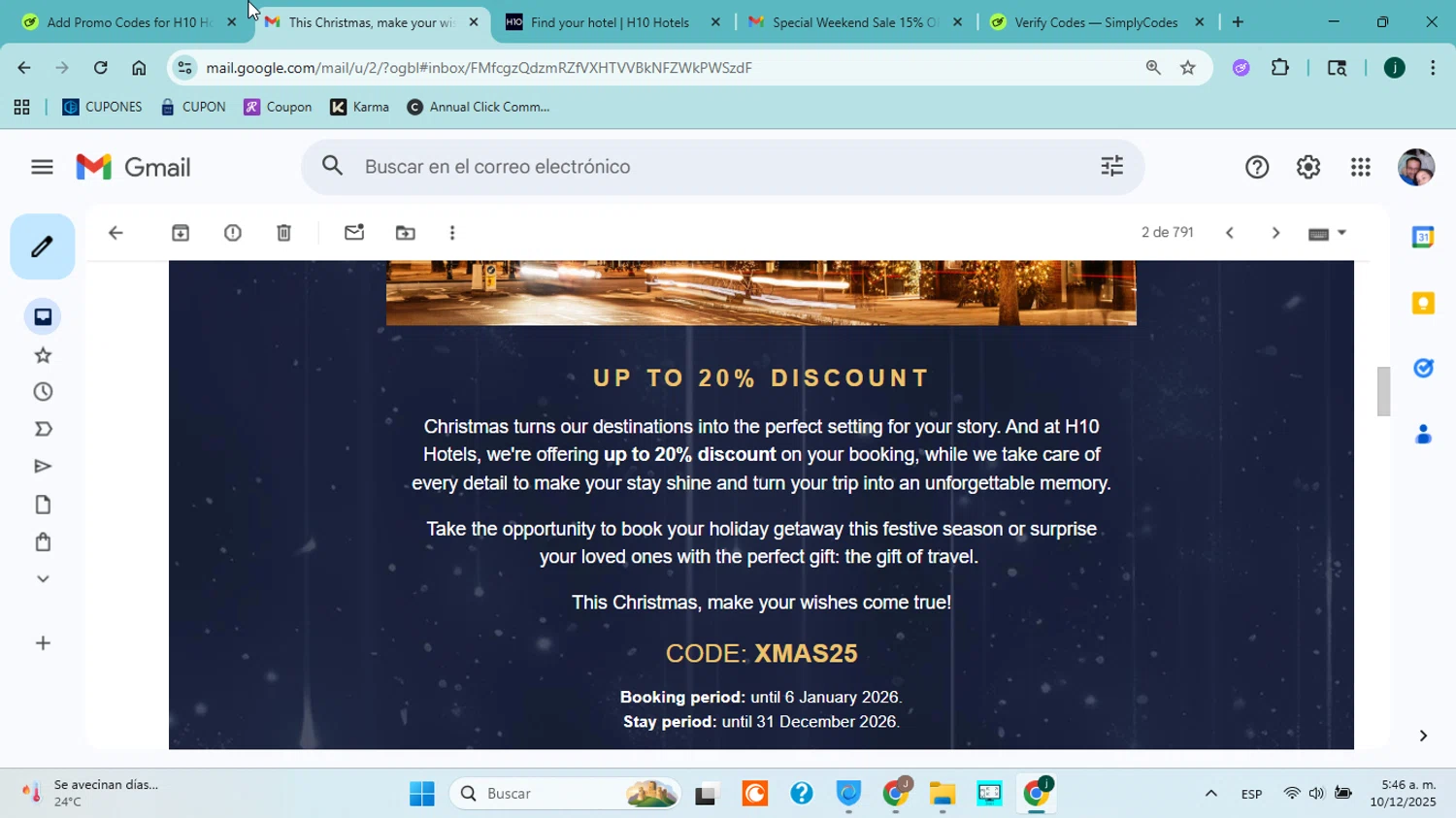 H10 Hotels coupon code screenshot showing code XMAS25 applied at H10 Hotels checkout page. Uploaded by SimplyCodes community member jorgejavierherrera on Dec 10, 2025