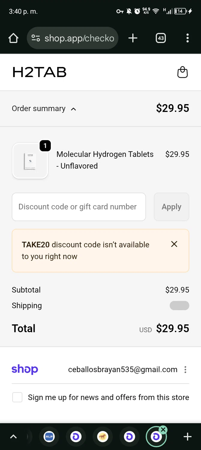H2Tab discount code screenshot showing code TAKE20 applied at H2Tab checkout page. Uploaded by SimplyCodes community member Bernado on Jan 6, 2026