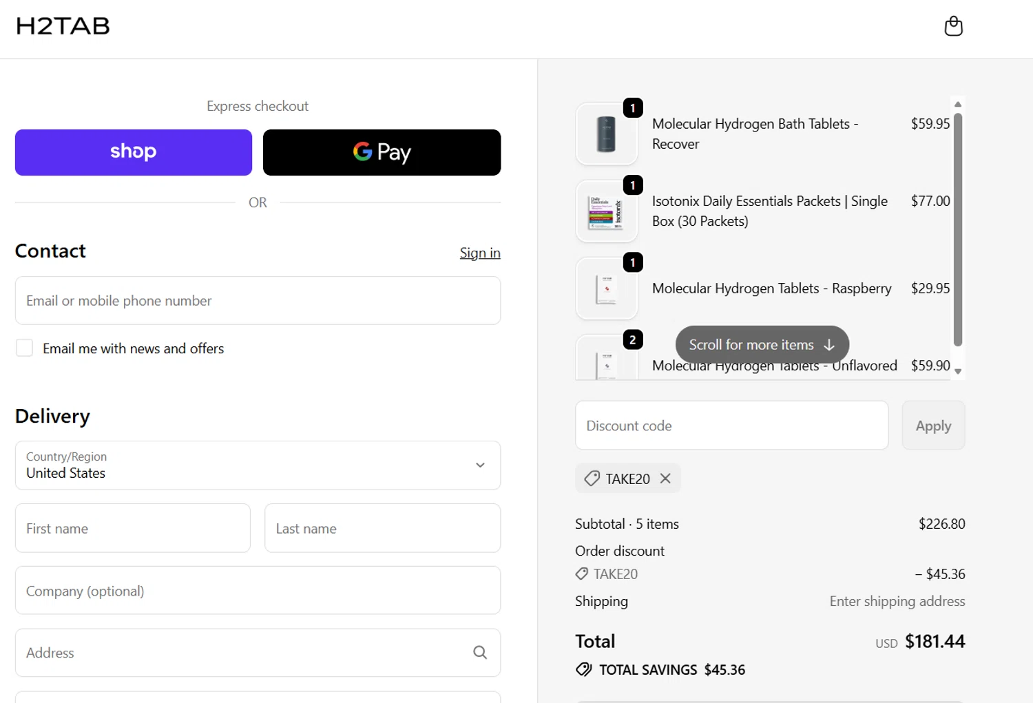 H2Tab discount code screenshot showing code TAKE20 applied at H2Tab checkout page. Uploaded by SimplyCodes community member JasnibelEgu on Dec 1, 2025