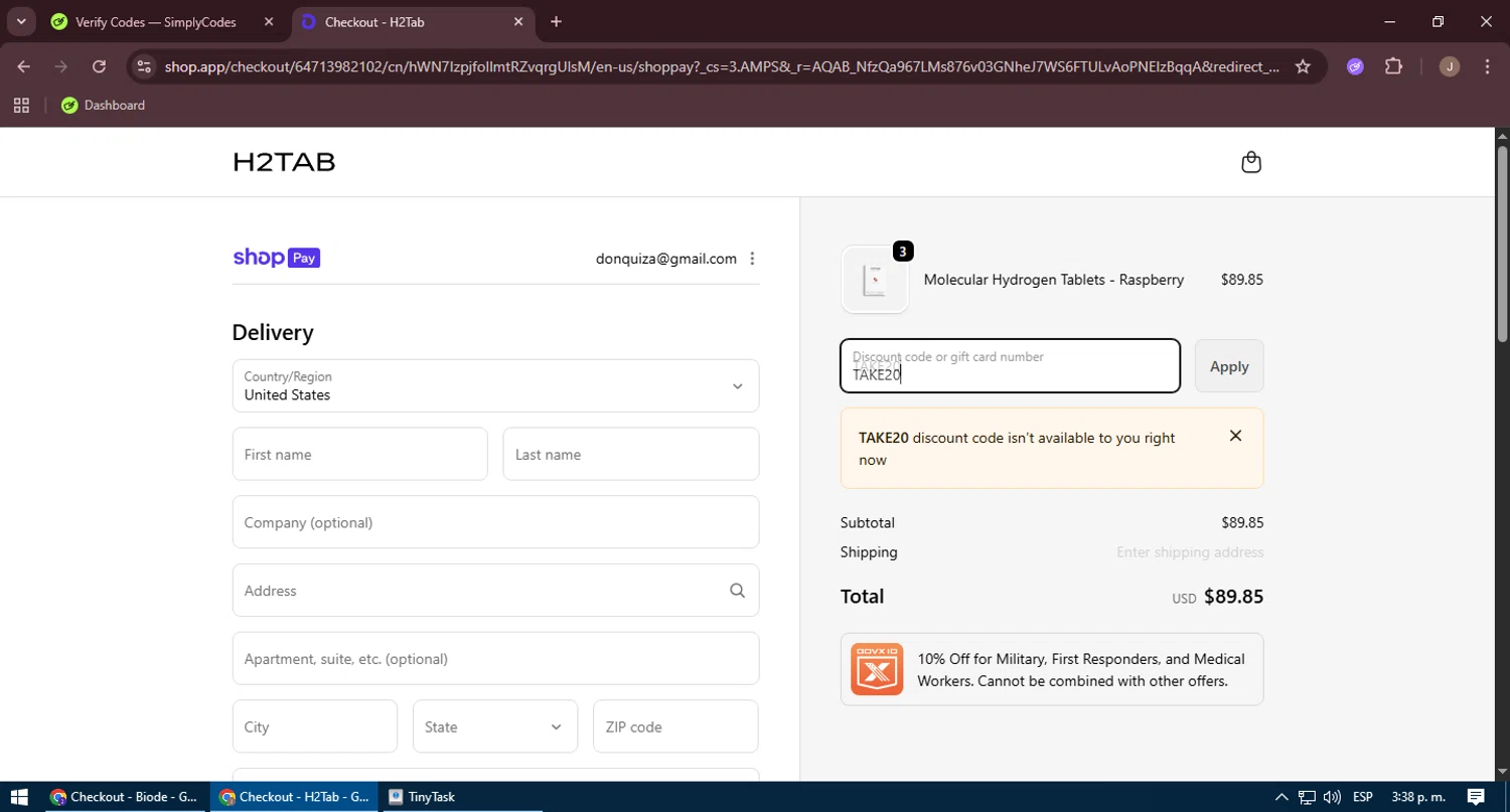 H2Tab discount code screenshot showing code TAKE20 applied at H2Tab checkout page. Uploaded by SimplyCodes community member MonkyDLuffy on Jan 6, 2026
