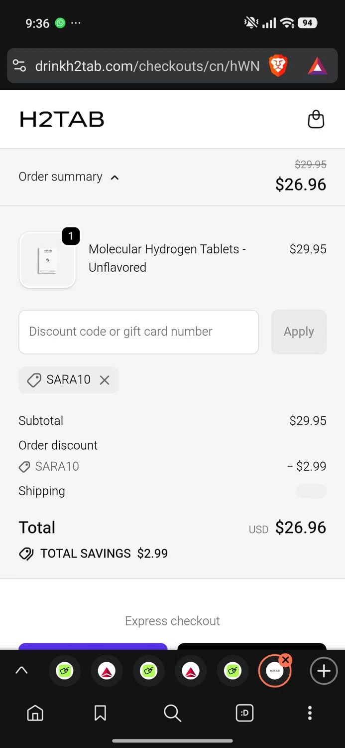 H2Tab checkout page showing H2Tab discount code box | Screenshot taken by SimplyCodes community member on Jan 19, 2026