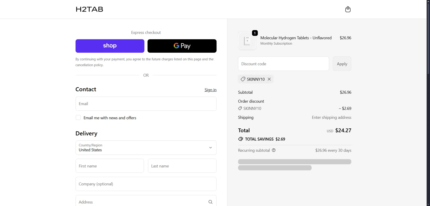 H2Tab discount code screenshot showing code SKINNY10 applied at H2Tab checkout page. Uploaded by SimplyCodes community member Dorothy on Sep 25, 2025