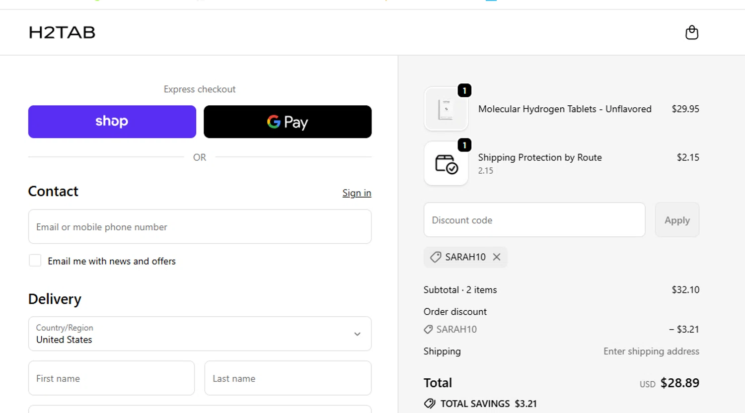 H2Tab discount code screenshot showing code SARAH10 applied at H2Tab checkout page. Uploaded by SimplyCodes community member Mileidy on Sep 25, 2025