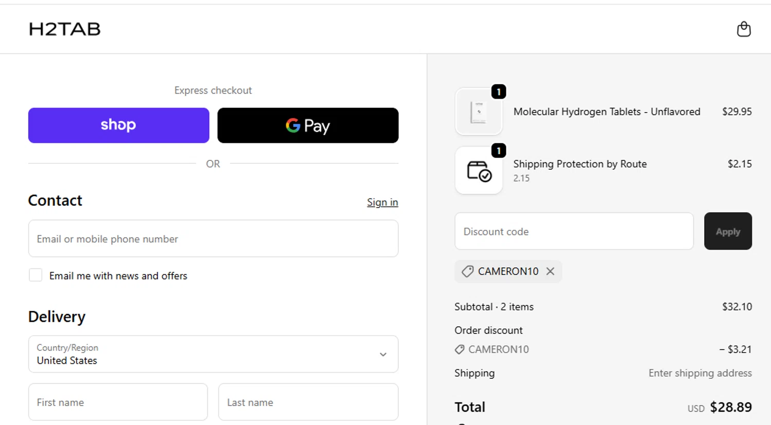 H2Tab discount code screenshot showing code CAMERON10 applied at H2Tab checkout page. Uploaded by SimplyCodes community member yeresojperez on Sep 25, 2025