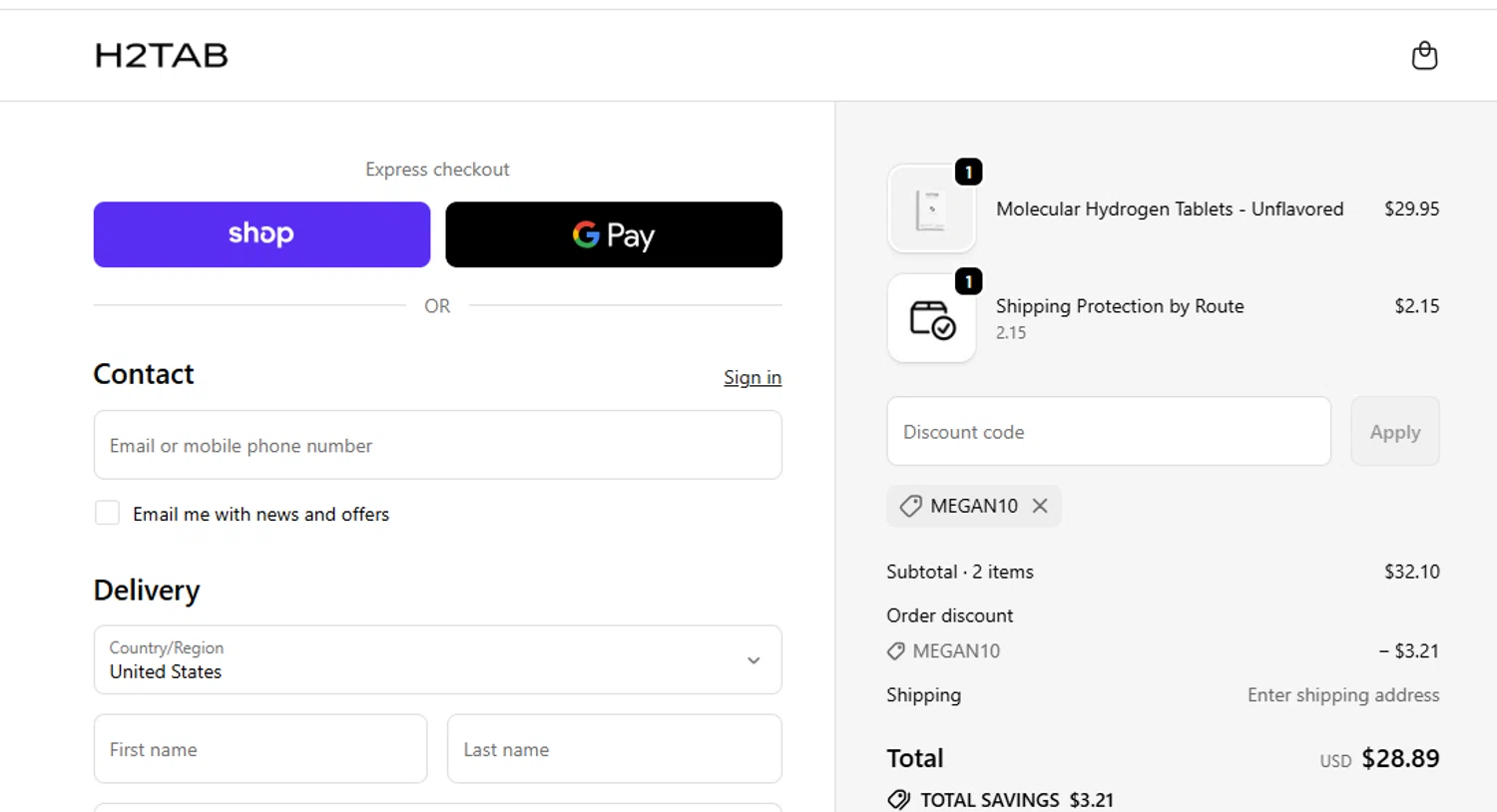 H2Tab discount code screenshot showing code MEGAN10 applied at H2Tab checkout page. Uploaded by SimplyCodes community member yeresojperez on Sep 25, 2025