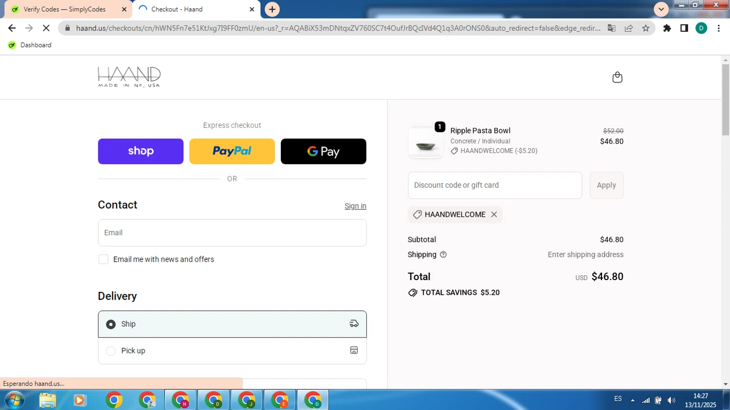Haand promo code screenshot showing code HAANDWELCOME applied at Haand checkout page. Uploaded by SimplyCodes community member PennyMaven9025 on Nov 13, 2025