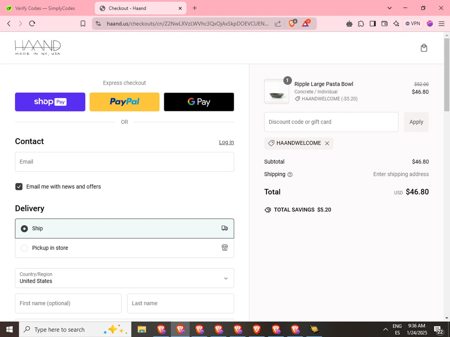 Haand promo code screenshot showing code HAANDWELCOME applied at Haand checkout page. Uploaded by SimplyCodes community member MoneyFinder955 on Jan 24, 2025