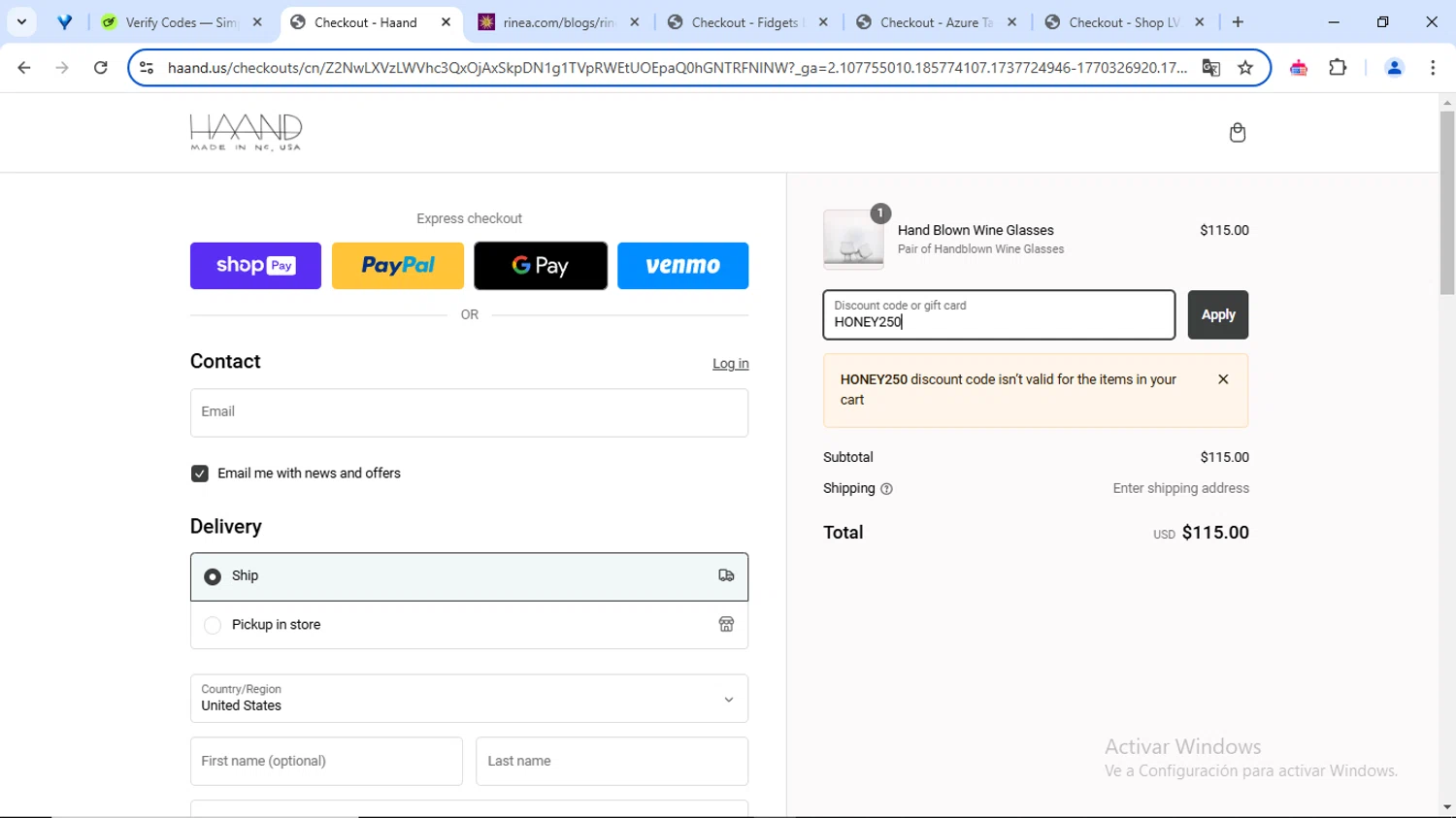 Haand promo code screenshot showing code HONEY250 applied at Haand checkout page. Uploaded by SimplyCodes community member GoldFox1696 on Jan 24, 2025