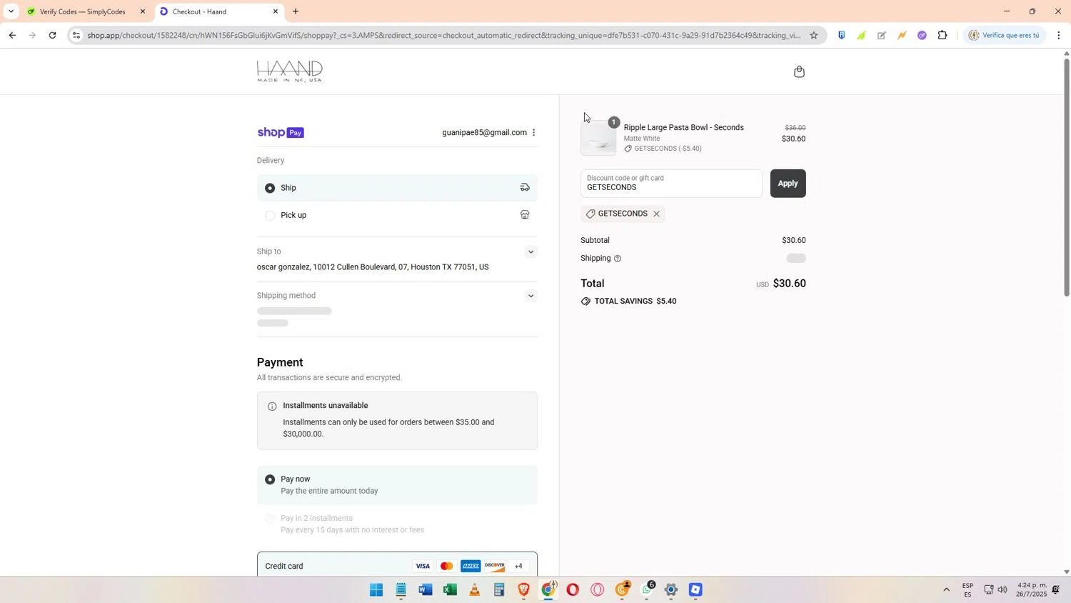 Haand promo code screenshot showing code GETSECONDS applied at Haand checkout page. Uploaded by SimplyCodes community member Elimix on Jul 26, 2025