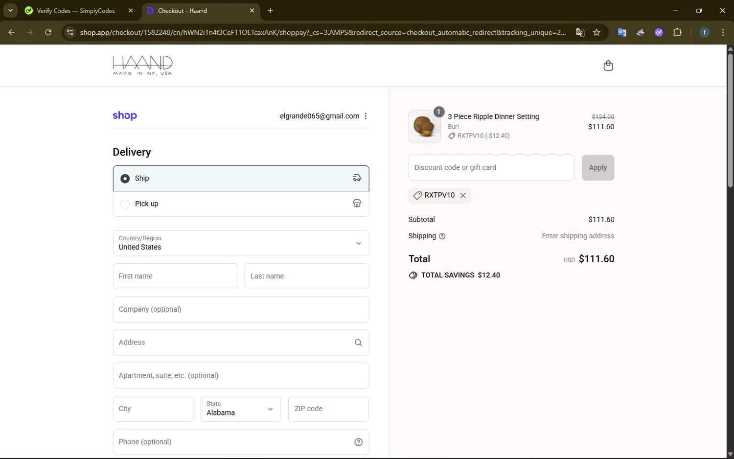 Haand promo code screenshot showing code RXTPV10 applied at Haand checkout page. Uploaded by SimplyCodes community member SmartElite7457 on Sep 7, 2025