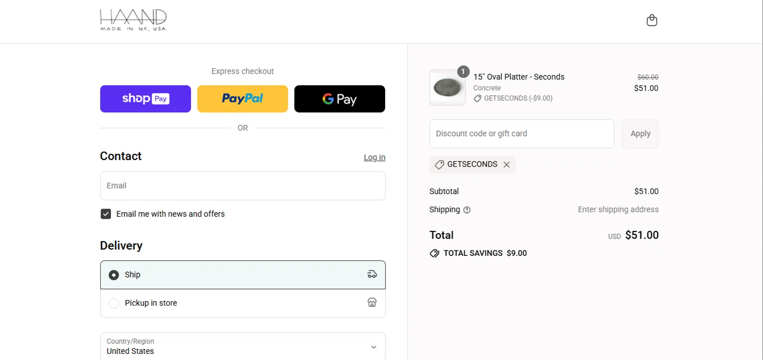 Haand promo code screenshot showing code GETSECONDS applied at Haand checkout page. Uploaded by SimplyCodes community member juanisaac on Jul 21, 2025