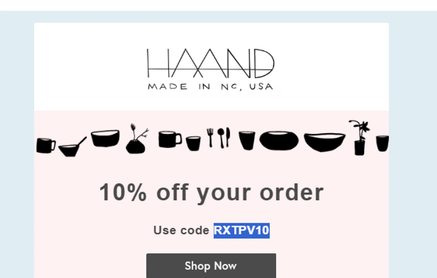 Haand promo code screenshot showing code RXTPV10 applied at Haand checkout page. Uploaded by SimplyCodes community member juanjose on Sep 3, 2025