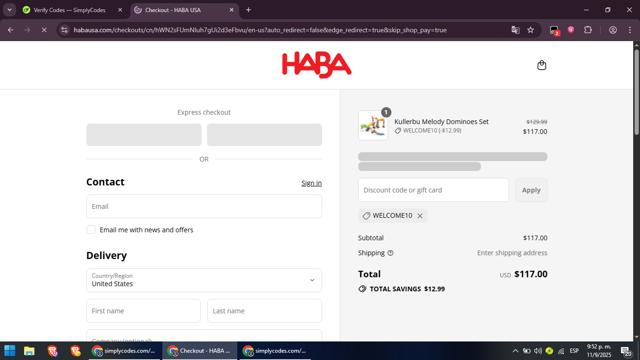 Haba checkout page showing Haba promo code box | Screenshot taken by SimplyCodes community member on Sep 12, 2025