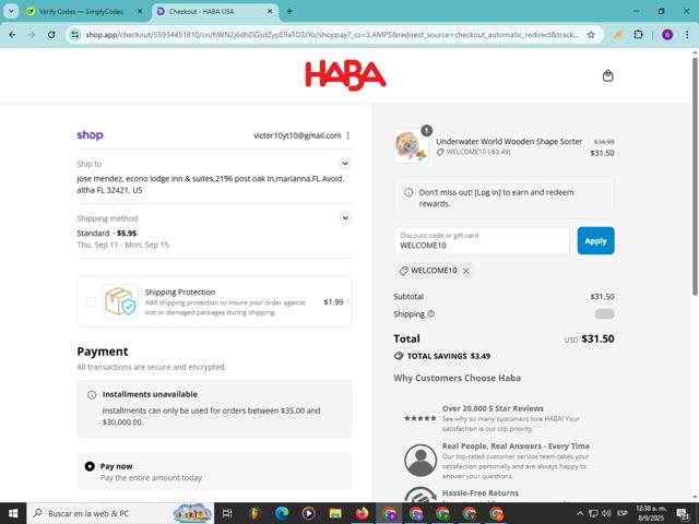 Haba checkout page showing Haba promo code box | Screenshot taken by SimplyCodes community member on Sep 8, 2025