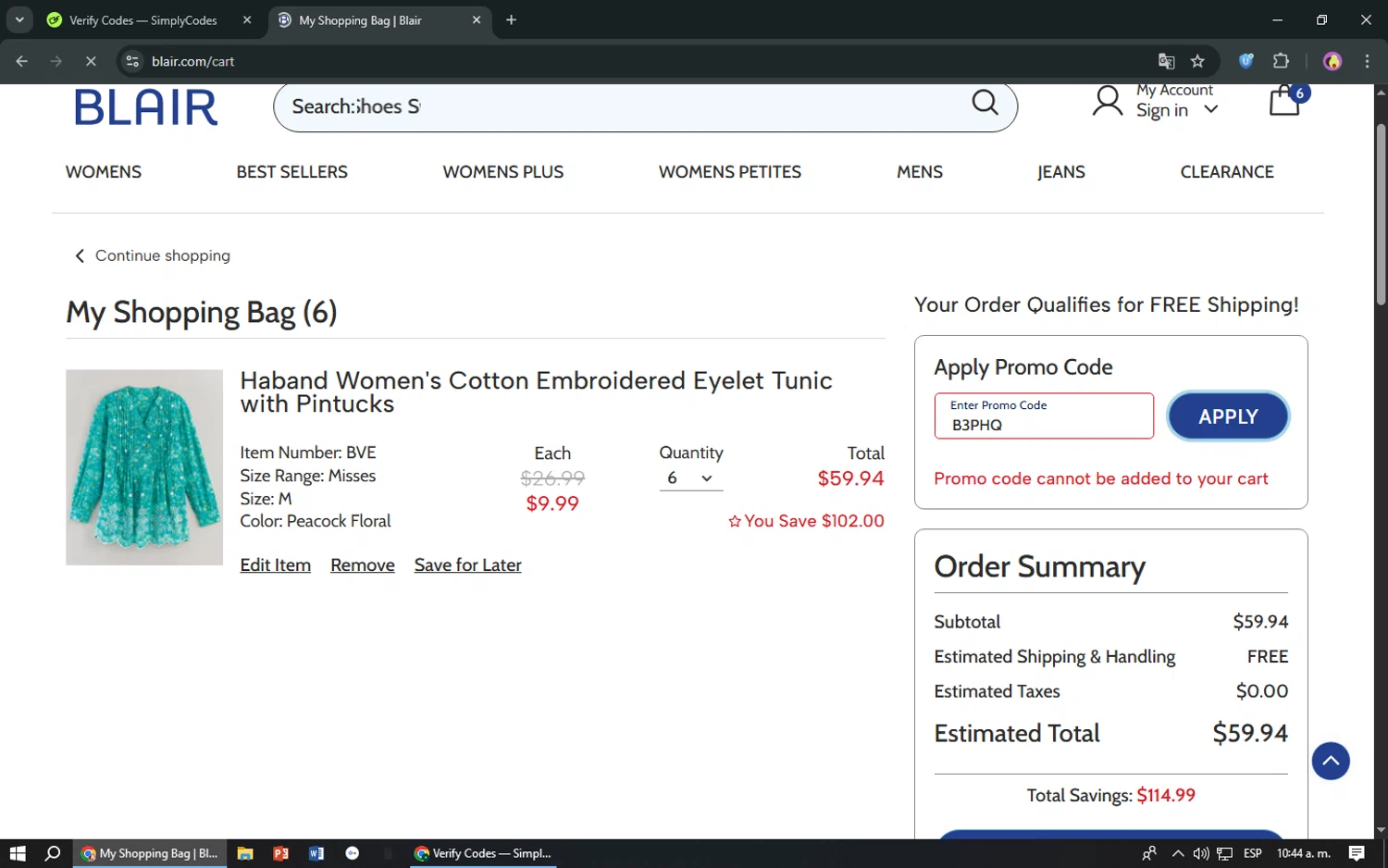 Haband promo code screenshot showing code B3PHQ applied at Haband checkout page. Uploaded by SimplyCodes community member TreasureShopper9156 on Jul 23, 2025
