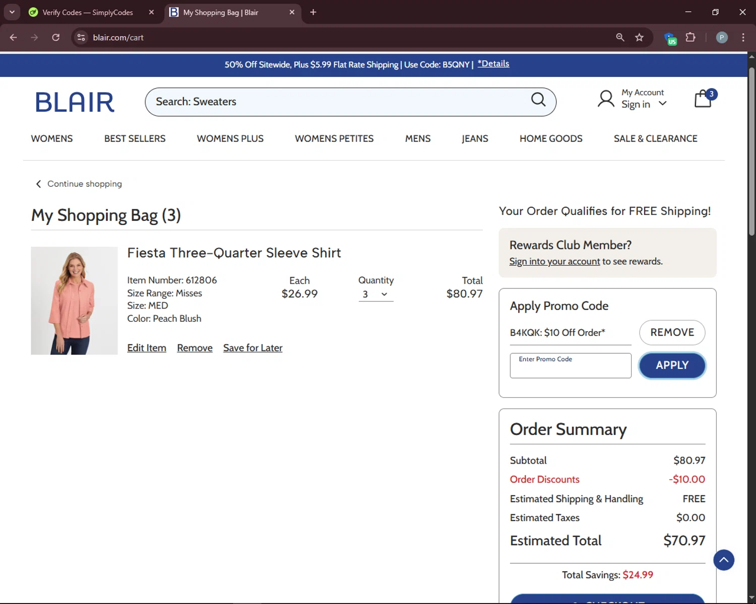 Haband promo code screenshot showing code B4KQK applied at Haband checkout page. Uploaded by SimplyCodes community member DiscountEagle6247 on Apr 22, 2025