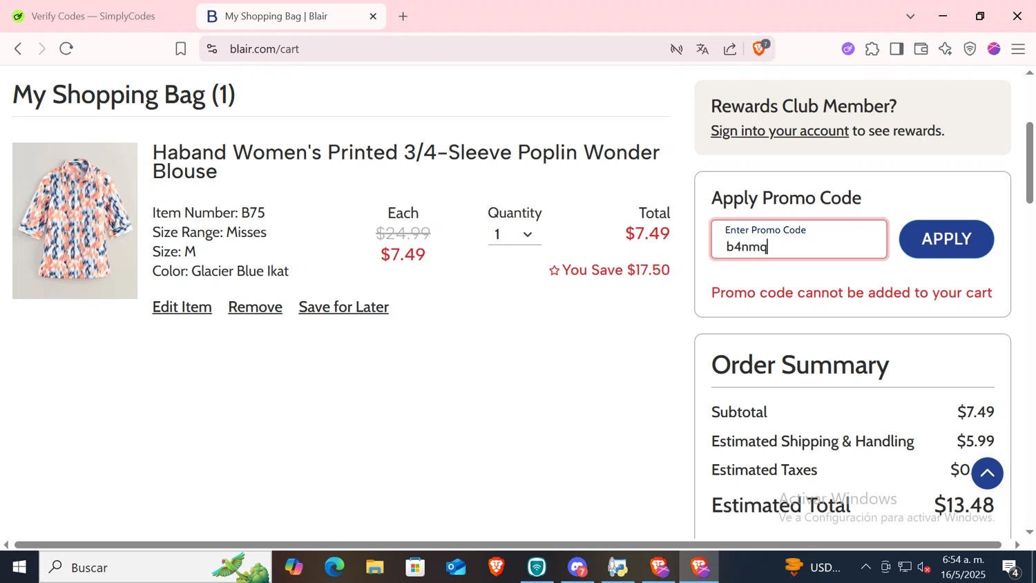 Haband promo code screenshot showing code b4nmq applied at Haband checkout page. Uploaded by SimplyCodes community member CODMOBILE2 on May 16, 2025