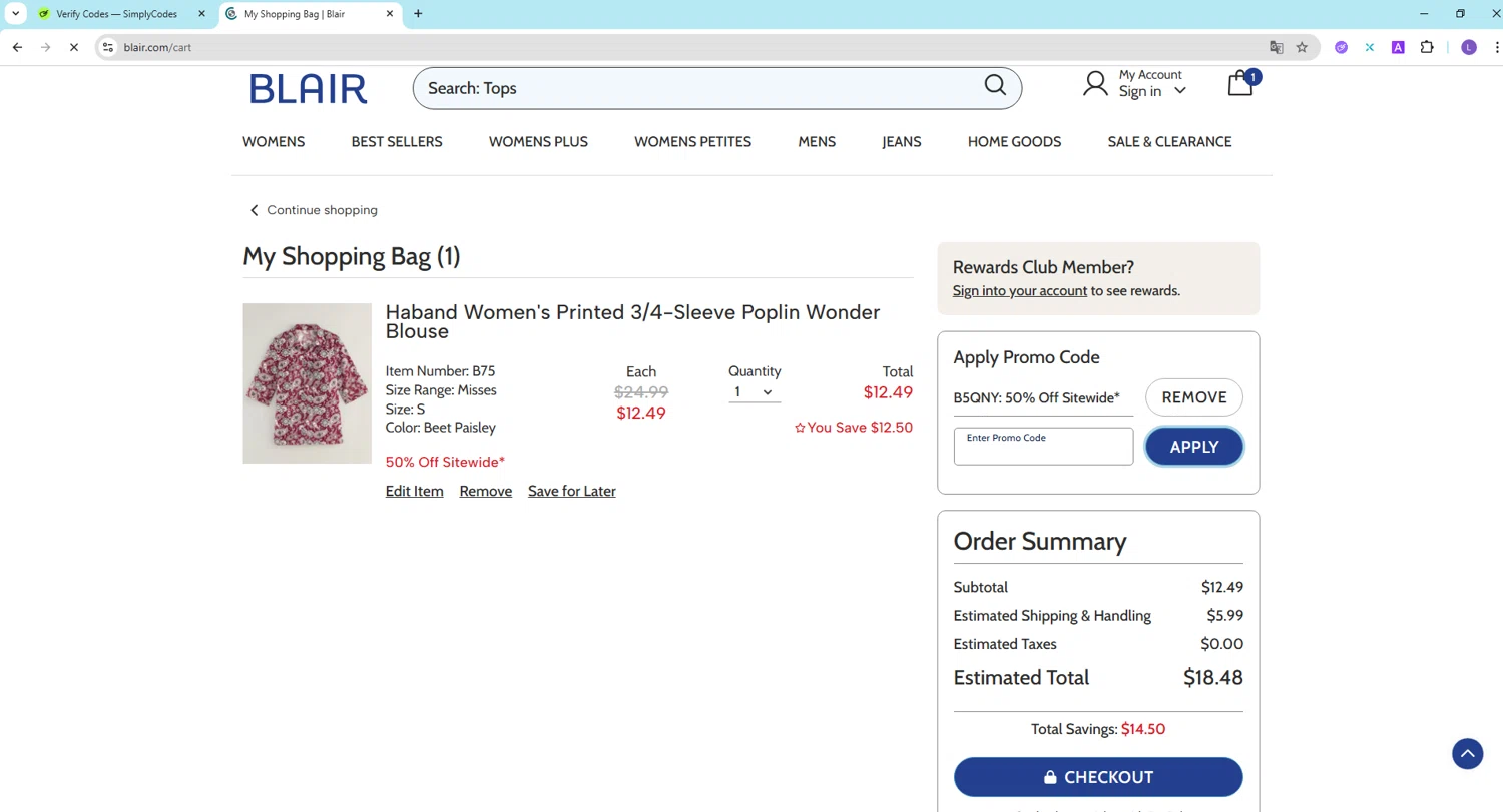Haband promo code screenshot showing code B5QNY applied at Haband checkout page. Uploaded by SimplyCodes community member NobleKnight286 on Apr 18, 2025