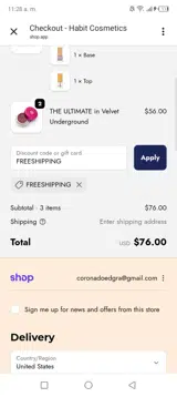 Habit Cosmetics coupon verification screenshot