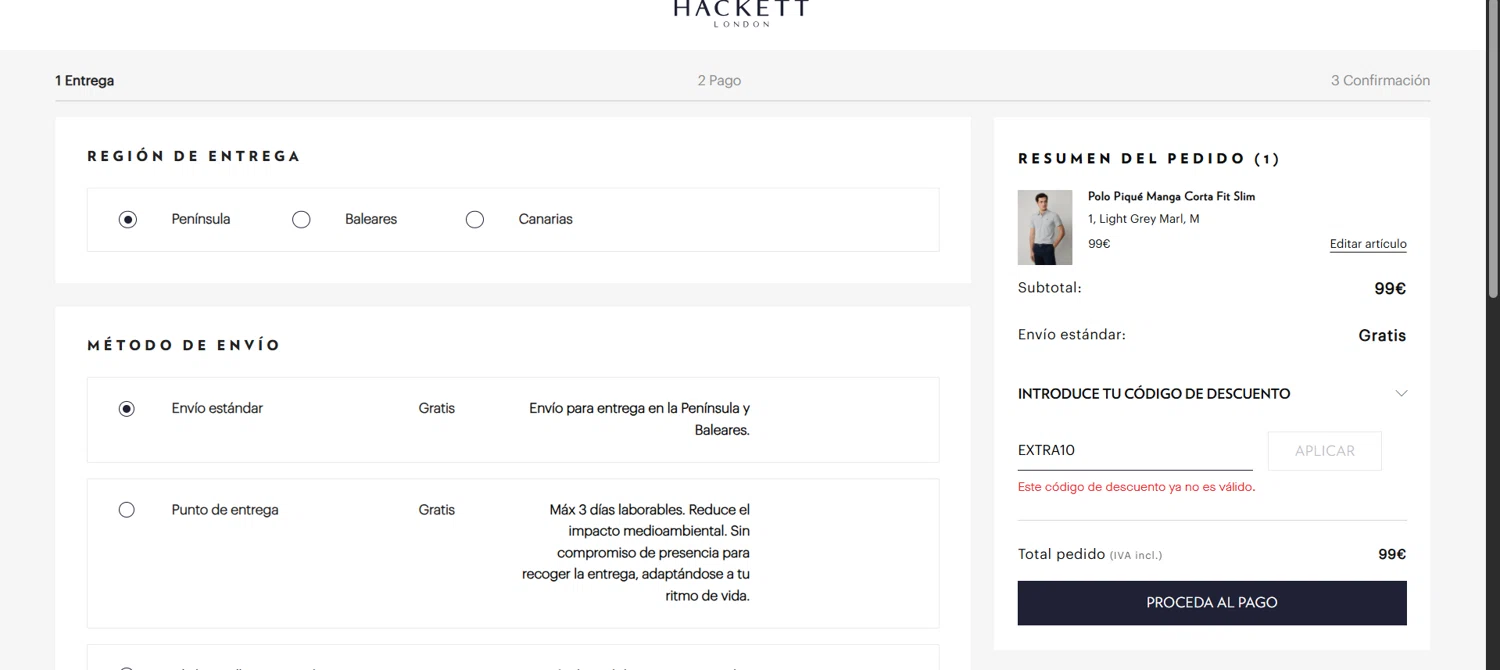 Hackett promo code screenshot showing code EXTRA10 applied at Hackett checkout page. Uploaded by SimplyCodes community member GoldMaven3438 on Aug 31, 2025