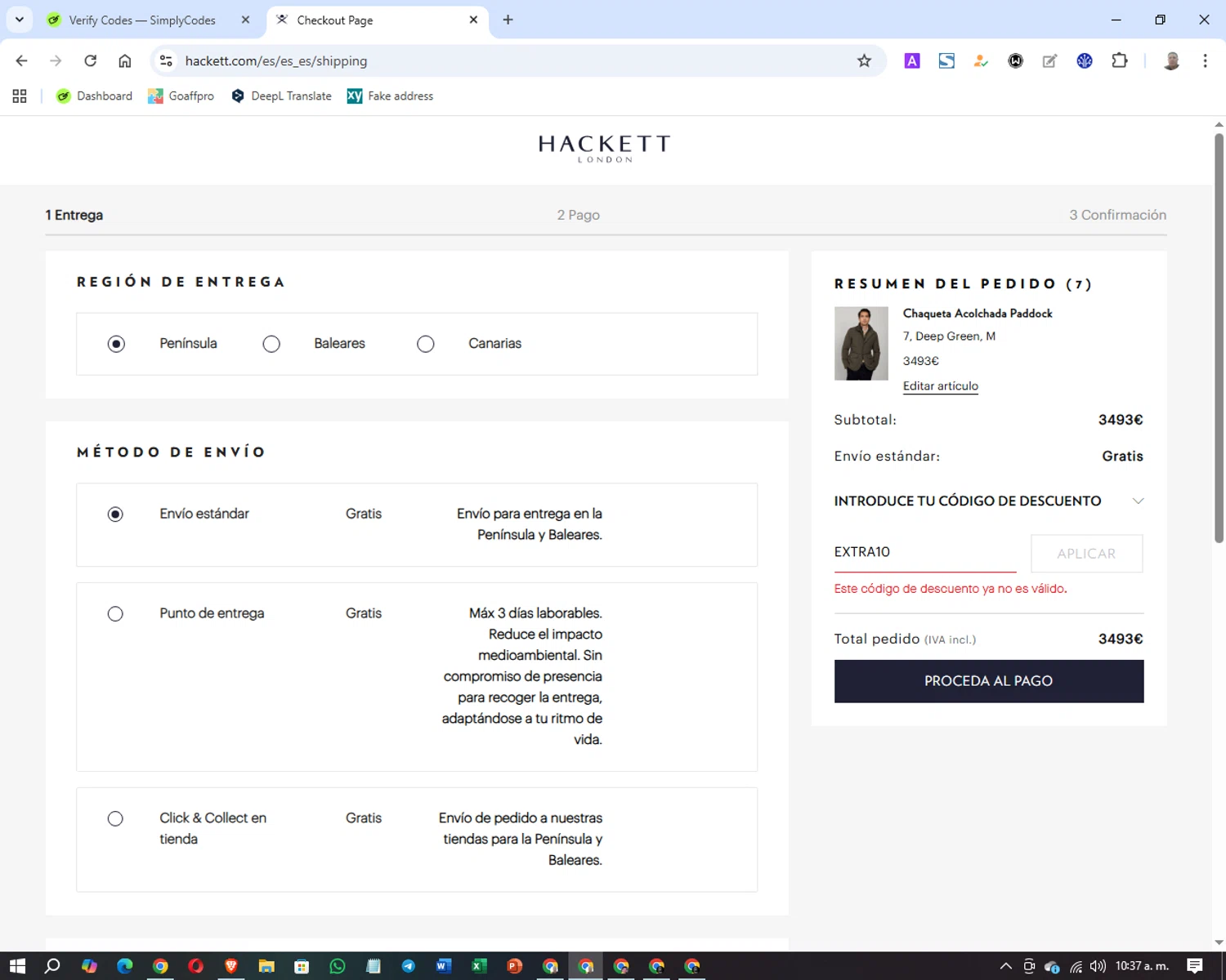 Hackett promo code screenshot showing code EXTRA10 applied at Hackett checkout page. Uploaded by SimplyCodes community member Washington on Aug 31, 2025
