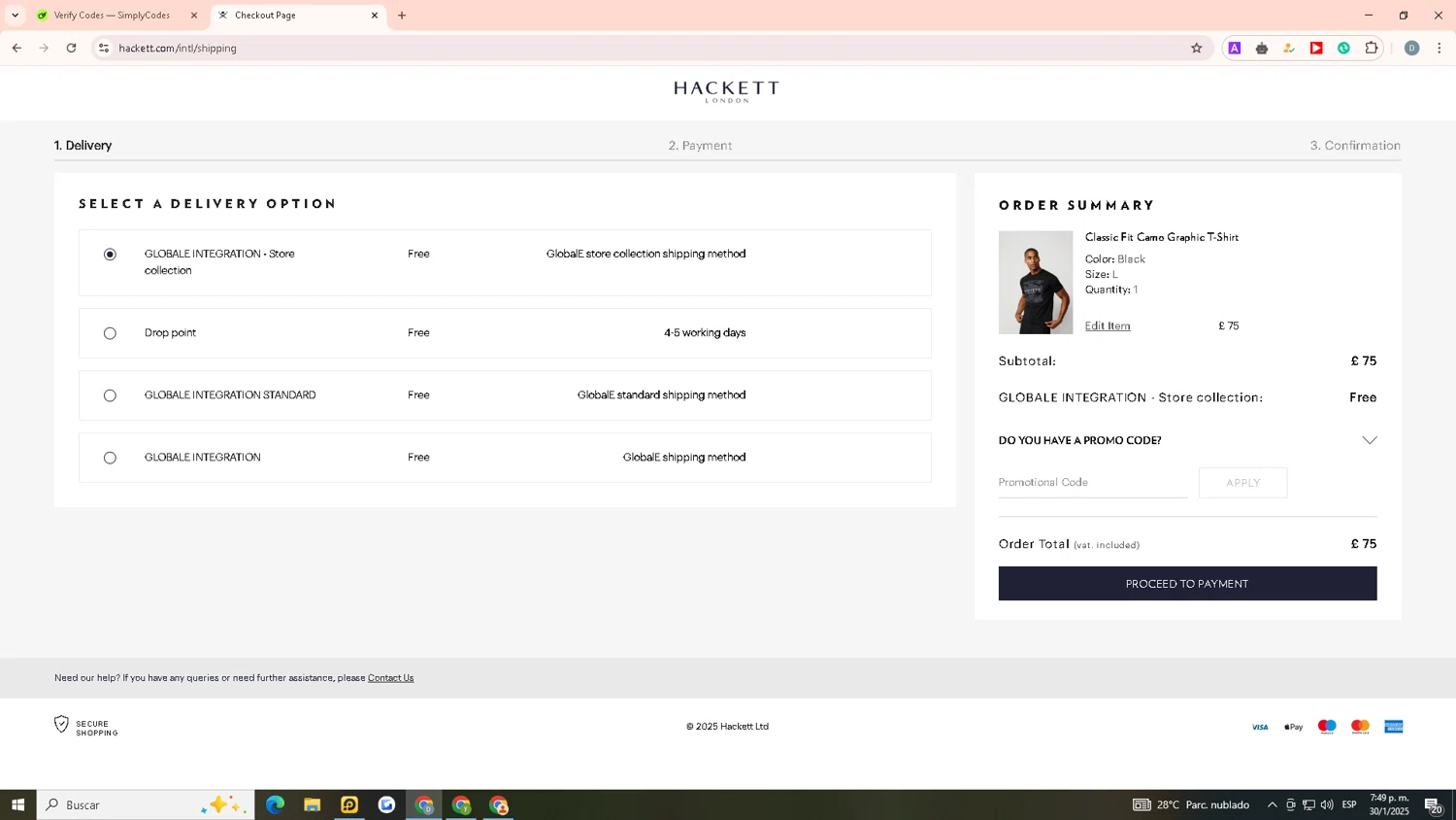 Hackett promo code screenshot showing code VIP30-INT applied at Hackett checkout page. Uploaded by SimplyCodes community member ELChasis on Jan 30, 2025