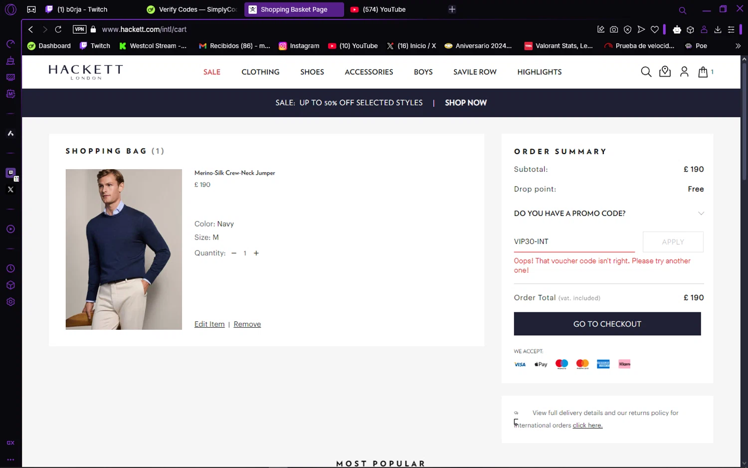 Hackett promo code screenshot showing code VIP30-INT applied at Hackett checkout page. Uploaded by SimplyCodes community member MagnificentLynx9362 on Jan 31, 2025