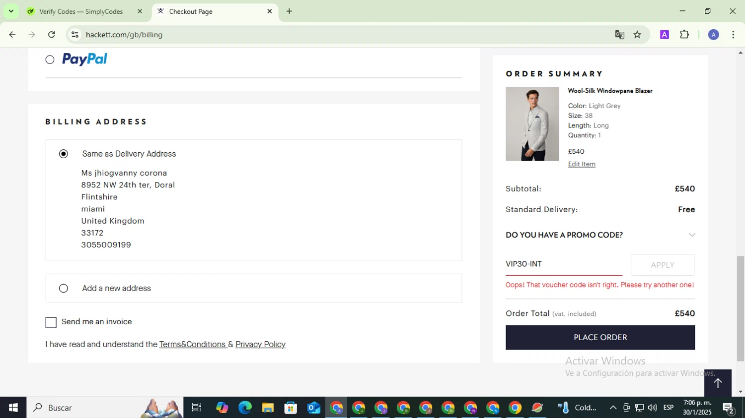Hackett promo code screenshot showing code VIP30-INT applied at Hackett checkout page. Uploaded by SimplyCodes community member TreasureCaptain5531 on Jan 31, 2025
