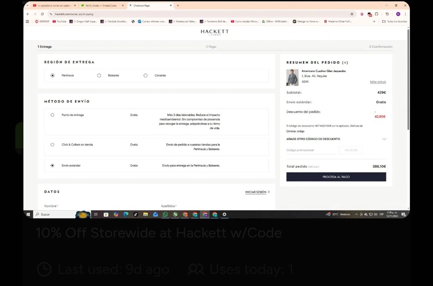 Hackett promo code screenshot showing code HKT-W221006 applied at Hackett checkout page. Uploaded by SimplyCodes community member BargainPioneer8286 on Dec 11, 2025