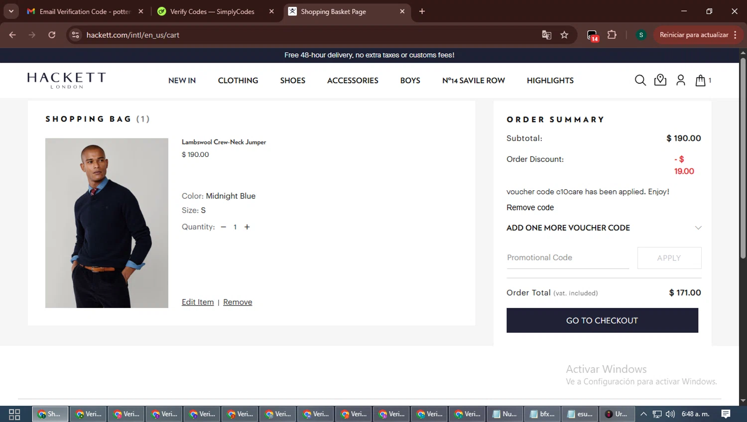 Hackett promo code screenshot showing code c10care applied at Hackett checkout page. Uploaded by SimplyCodes community member ShrewdAce7935 on Oct 15, 2025
