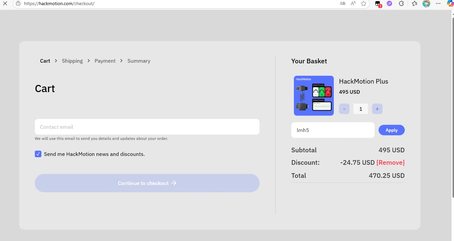HackMotion discount code screenshot showing code lmh5 applied at HackMotion checkout page. Uploaded by SimplyCodes community member CashCollector4109 on Jun 23, 2025