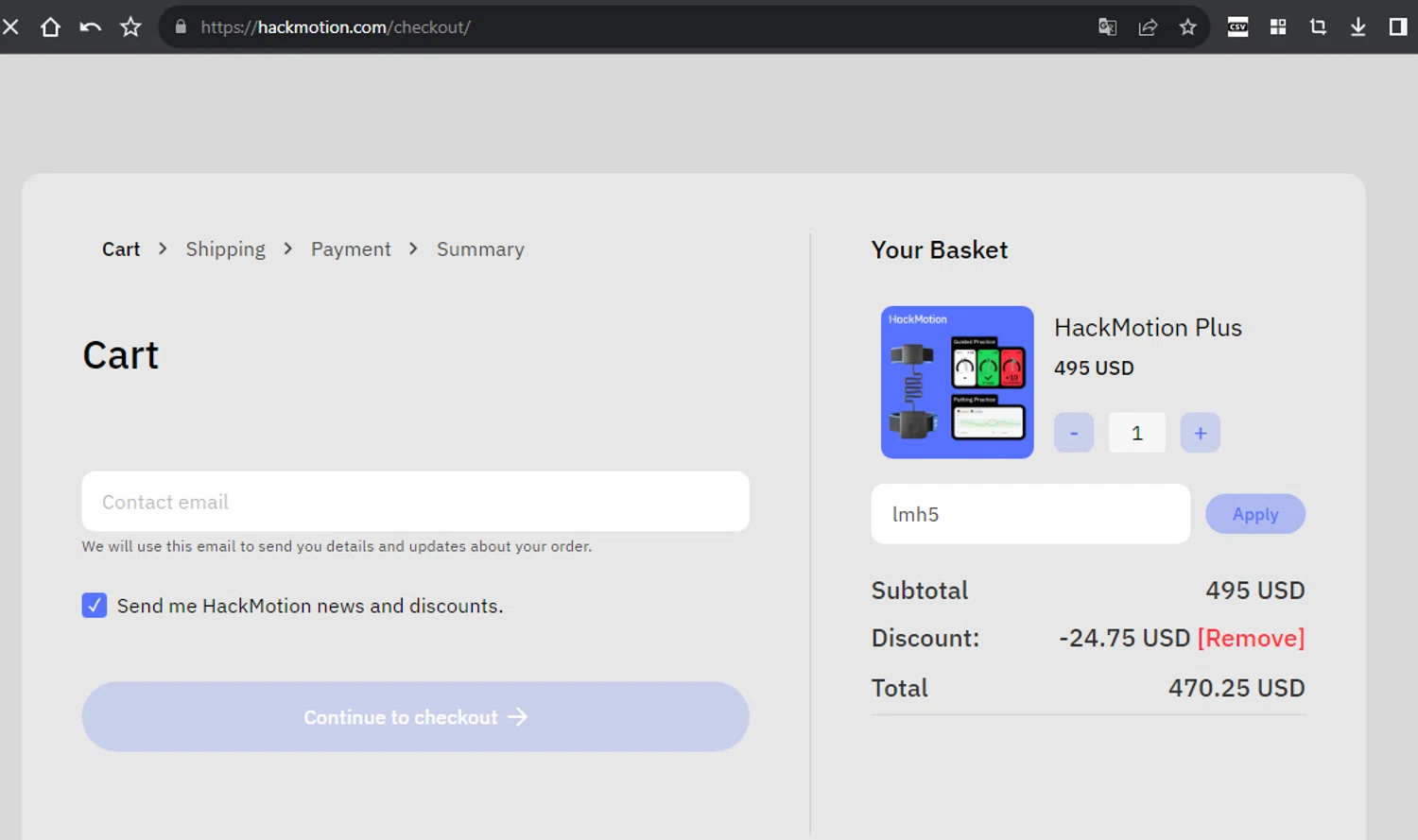 HackMotion discount code screenshot showing code lmh5 applied at HackMotion checkout page. Uploaded by SimplyCodes community member LALOCOMOTORA10 on Jun 28, 2025