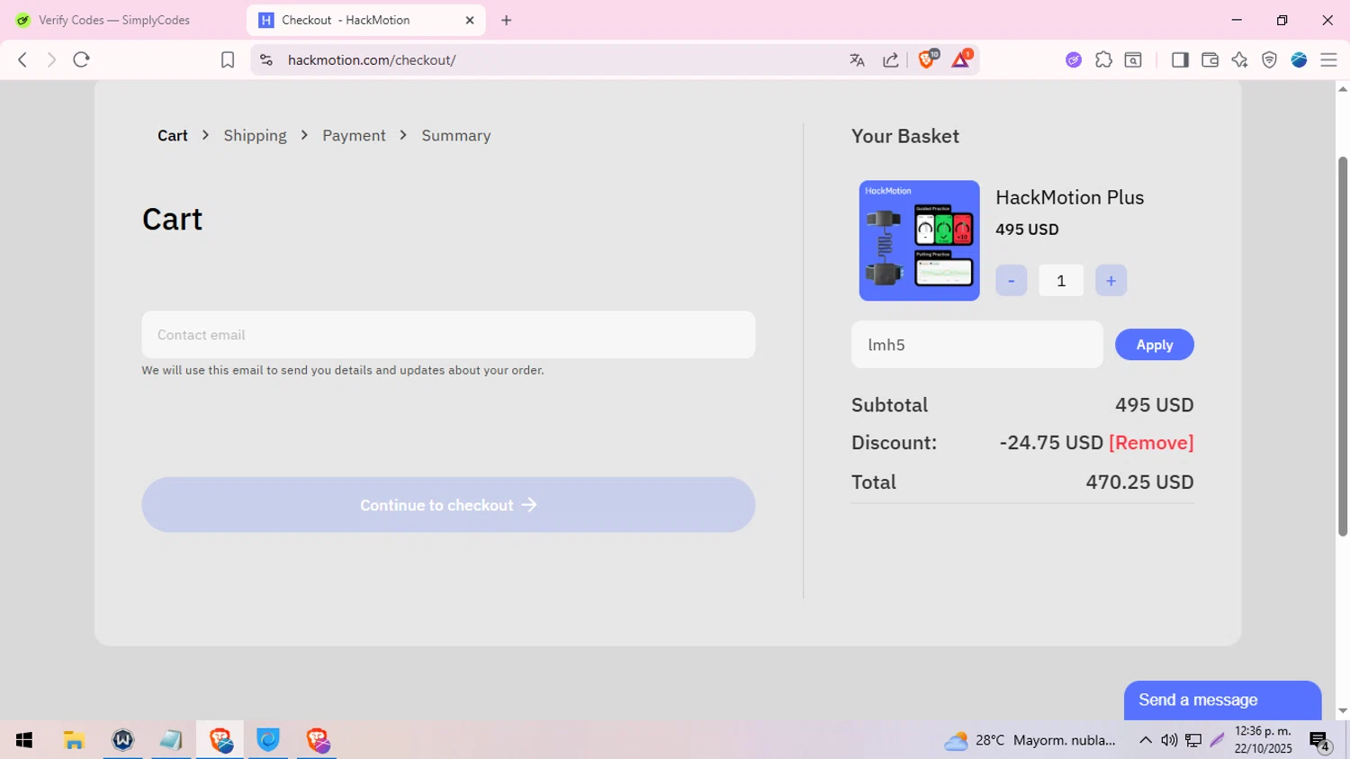 HackMotion discount code screenshot showing code lmh5 applied at HackMotion checkout page. Uploaded by SimplyCodes community member MoneySeeker8573 on Oct 22, 2025