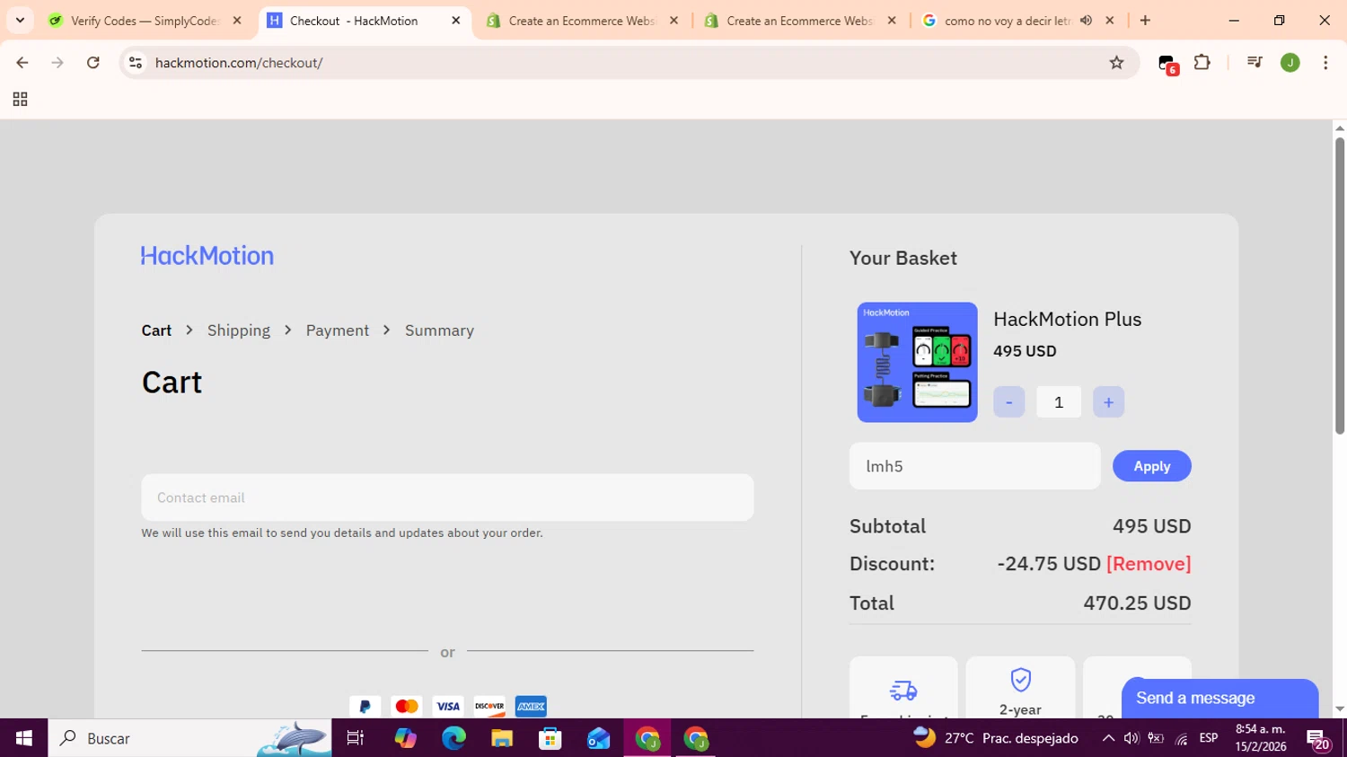 HackMotion checkout page showing HackMotion discount code box | Screenshot taken by SimplyCodes community member on Feb 15, 2026