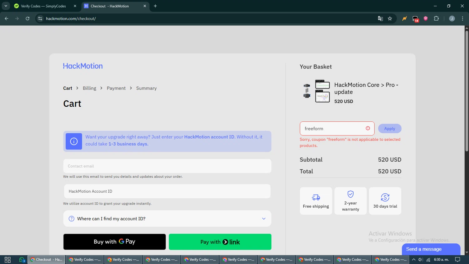 HackMotion discount code screenshot showing code freeform applied at HackMotion checkout page. Uploaded by SimplyCodes community member CashShopper1214 on Nov 14, 2025
