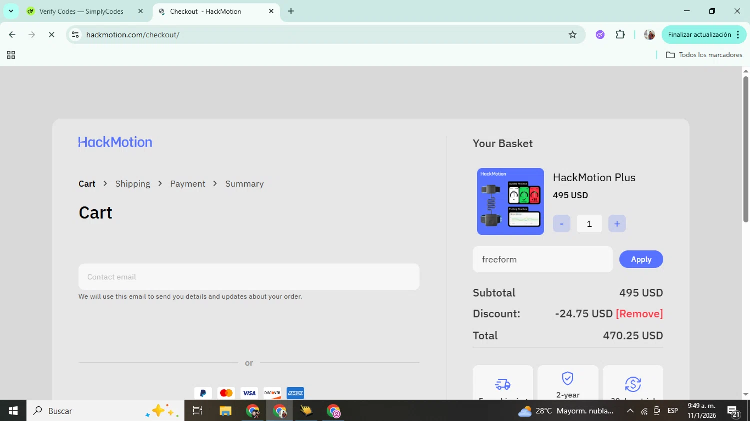 HackMotion discount code screenshot showing code freeform applied at HackMotion checkout page. Uploaded by SimplyCodes community member Mujerdejunnior on Jan 11, 2026