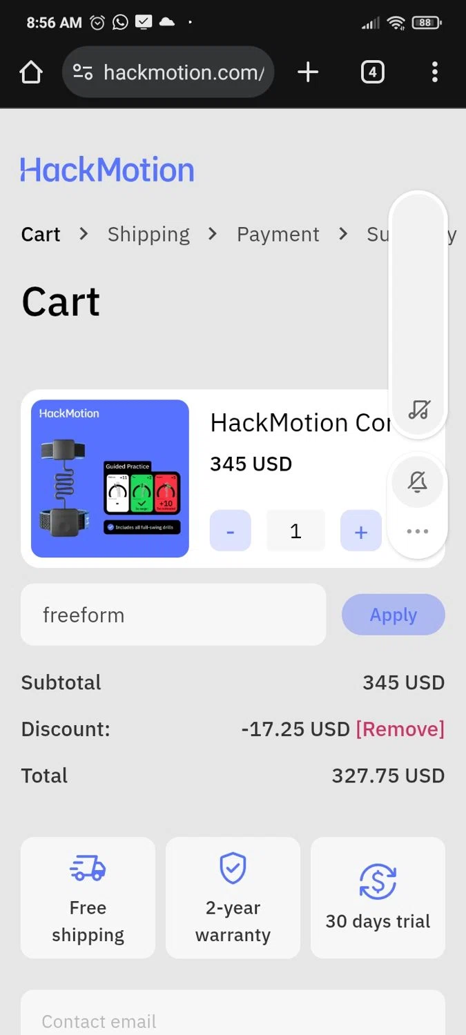 HackMotion discount code screenshot showing code freeform applied at HackMotion checkout page. Uploaded by SimplyCodes community member PromoMaven605 on Dec 13, 2025