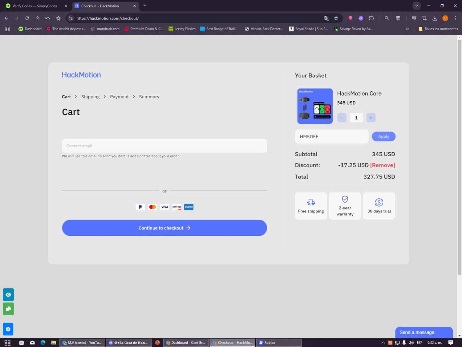 HackMotion discount code screenshot showing code HM5OFF applied at HackMotion checkout page. Uploaded by SimplyCodes community member VayneChambeadora on Dec 24, 2025