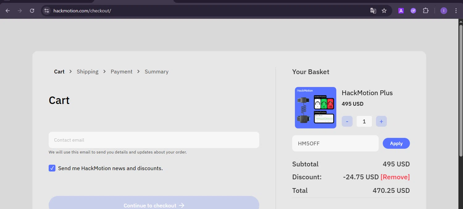 HackMotion discount code screenshot showing code HM5OFF applied at HackMotion checkout page. Uploaded by SimplyCodes community member joineds on Sep 27, 2025