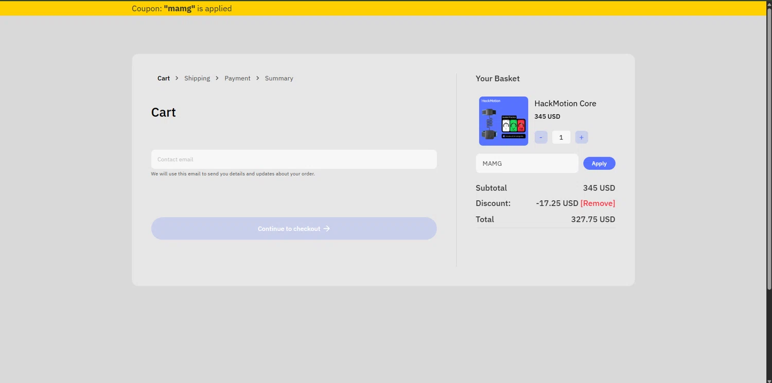 HackMotion discount code screenshot showing code MAMG applied at HackMotion checkout page. Uploaded by SimplyCodes community member RoyalVirtuoso4479 on Oct 13, 2025