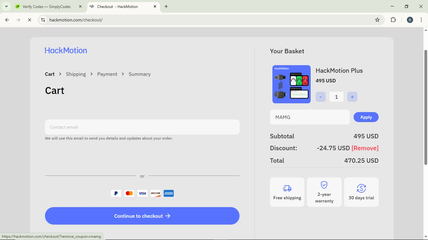 HackMotion discount code screenshot showing code MAMG applied at HackMotion checkout page. Uploaded by SimplyCodes community member ScanPhoenix3549 on Dec 10, 2025