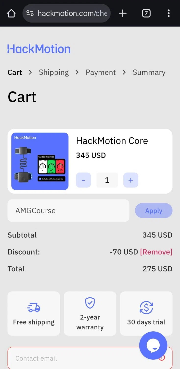 HackMotion discount code screenshot showing code AMGCourse applied at HackMotion checkout page. Uploaded by SimplyCodes community member CleverLynx5188 on Nov 28, 2025