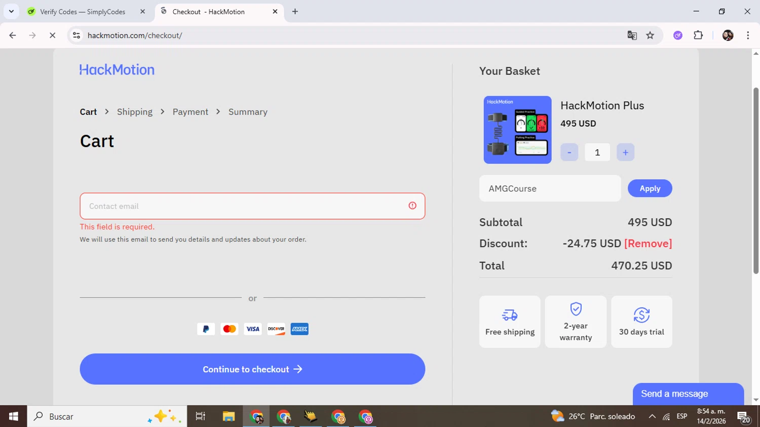 HackMotion checkout page showing HackMotion discount code box | Screenshot taken by SimplyCodes community member on Feb 14, 2026